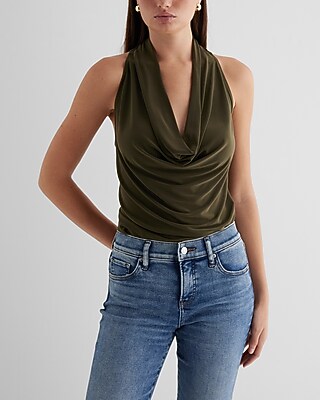 Draped Cowl Neck Racerback Tank Green Women's XL