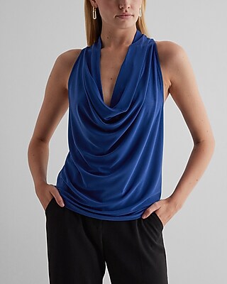 Draped Cowl Neck Racerback Tank Blue Women's S