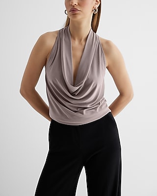 Draped Cowl Neck Racerback Tank Gray Women's S