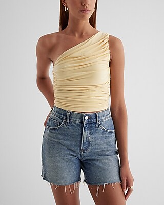 Bodycon Compression Ruched One Shoulder Tank Yellow Women's XL