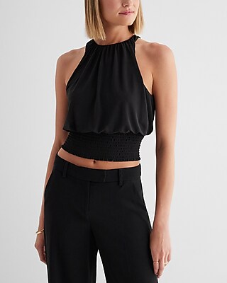 Gathered High Neck Smocked Waist Tank