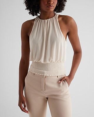 Gathered High Neck Smocked Waist Tank Neutral Women's XL