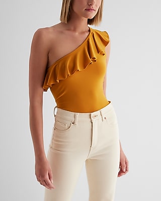 Fitted One Shoulder Ruffle Tank Yellow Women's XS