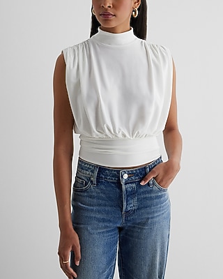 Mock Neck Draped Banded Bottom Tank White Women's XS