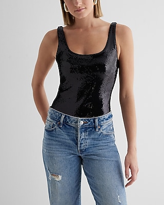 Bodycon Sequin Scoop Neck Bodysuit Black Women's XS