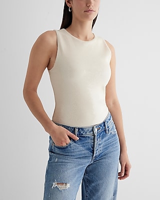 Bodycon Sequin Crew Neck Bodysuit White Women's XL