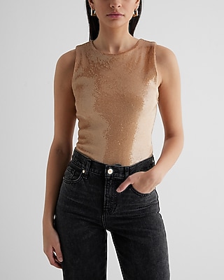 Bodycon Sequin Crew Neck Bodysuit Brown Women's M