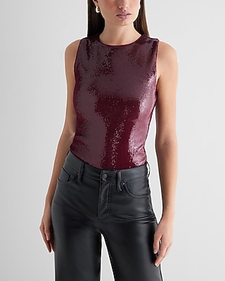 Bodycon Sequin Crew Neck Bodysuit Red Women's L