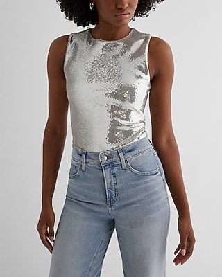 Bodycon Sequin Crew Neck Bodysuit Neutral Women's XL