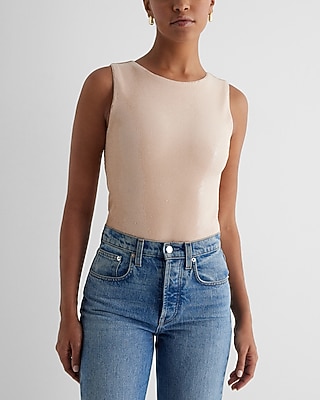 Bodycon Sequin Crew Neck Bodysuit Black Women's L