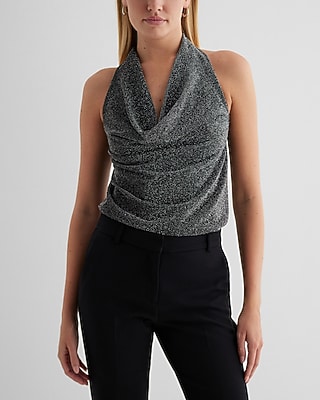 Shine Draped Cowl Halter Neck Tank Black Women's L