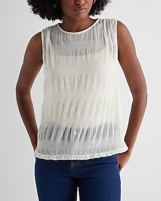 Skimming Mesh Crew Neck Pleated Tank White Women's L