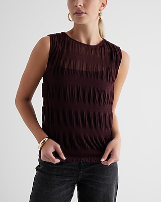 Skimming Mesh Crew Neck Pleated Tank Red Women's XS