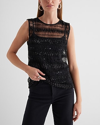 Skimming Mesh Shine Pleated Crew Neck Tank