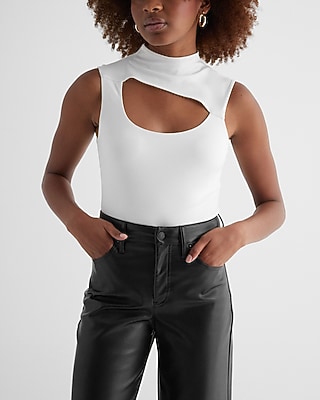 Bodycon Compression Mock Neck Cutout Crop Top White Women's L