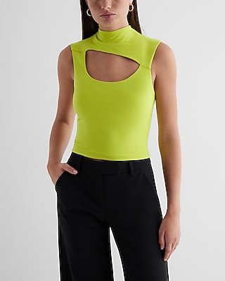 Bodycon Compression Mock Neck Cutout Crop Top Green Women's L