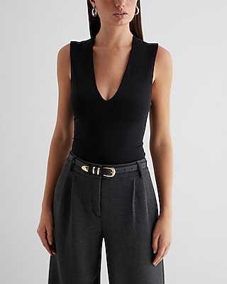 Bodycon Compression Deep V-Neck Bodysuit Black Women's XS