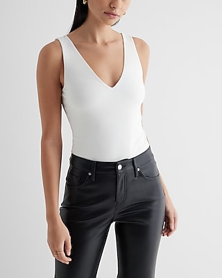 Bodycon Cotton Double V-Neck Bodysuit White Women's XL