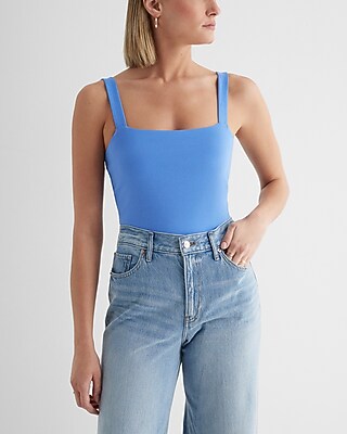 Bodycon Cotton Square Neck Sleeveless Bodysuit Blue Women's S