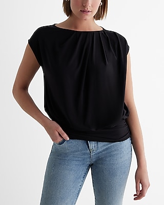 Skimming Crew Neck Pleated Banded Bottom Top Black Women's M