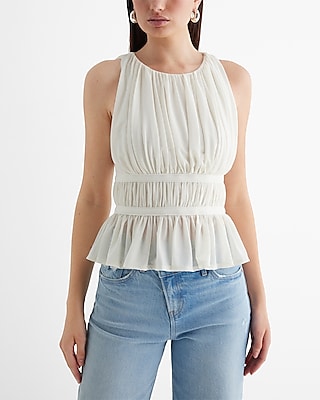 High Neck Ruched Peplum Tank White Women's