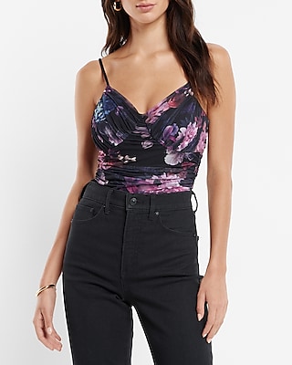 Bodycon Floral Mesh Cami Thong Bodysuit With Removable Cups