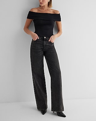 Fitted Ribbed Off The Shoulder Overlay Top Black Women's XL