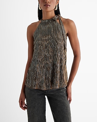 Metallic Tie Halter Neck Pleated Top Brown Women's XS