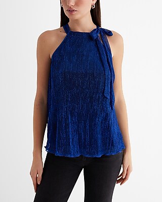 Metallic Tie Halter Neck Pleated Top Blue Women's M