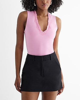 Body Contour Stretch Cotton V-Neck Lace Trim Bodysuit Pink Women's XL