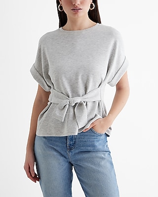 Crew Neck Tie Front Tee Gray Women's