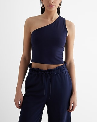 Body Contour Stretch Cotton One Shoulder Crop Top Blue Women's XL
