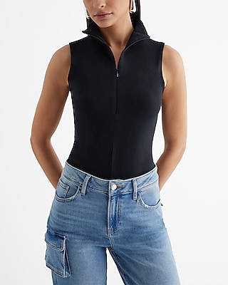 Body Contour Stretch Cotton Quarter Zip Bodysuit Black Women
