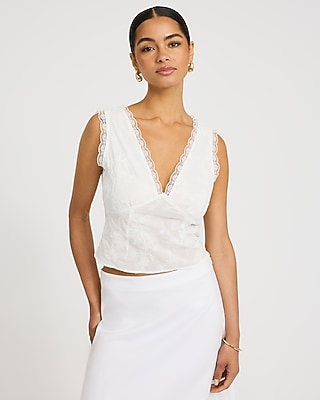 Cotton Lace Trim V-Neck Tie Open Back Tank