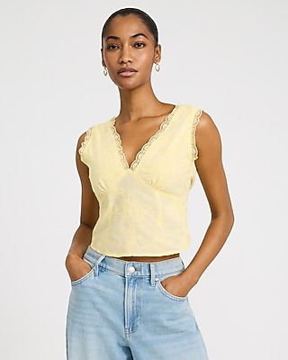 Express Women's Cotton Lace Trim V-Neck Tie Open Back Tank Top in Yellow Small