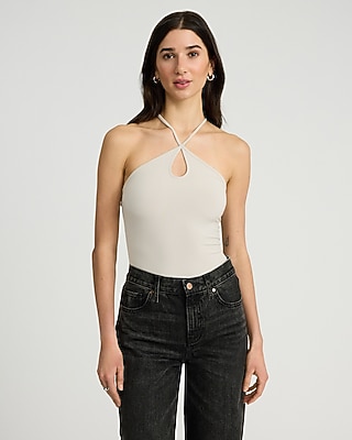 Ribbed Halter Keyhole Sleeveless Bodysuit