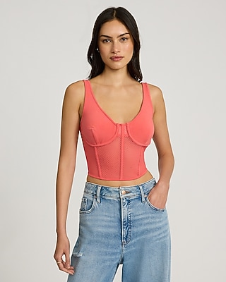 Express Women's Mesh V-Neck Corset Tank Top in Hot Coral