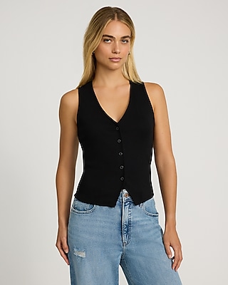Express Women's Ribbed Button Front Knit Vest in Black Large