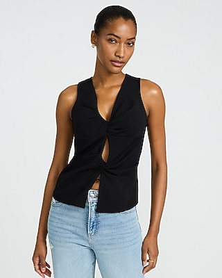 Express Women's V-Neck Twist Front Tank Top In Studio Stretch Crepe in Pitch Black