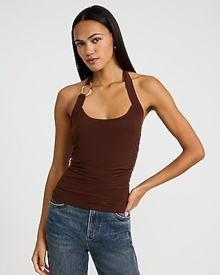 Matte Jersey Halter Hardware Ruched Tank