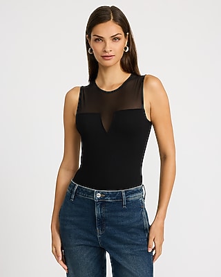 Mesh Pieced Sleeveless Bodysuit in Signature Ponte