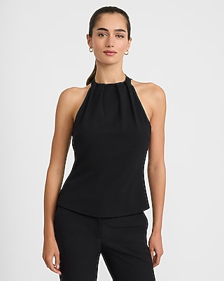 Halter Neck Pleated Tank in Studio Stretch Crepe