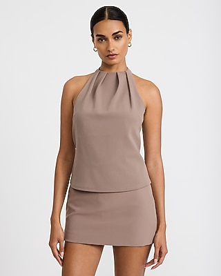Halter Neck Pleated Tank in Studio Stretch Crepe
