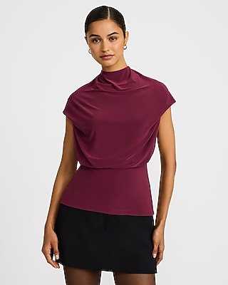 Matte Jersey Mock Neck Draped Banded Bottom Top