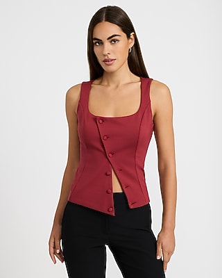 Scoop Neck Asymmetrical Button Tailored Tank in Stretch Cotton