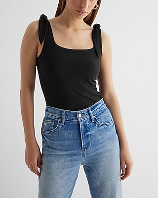 Square Neck Tie Shoulder Bodysuit Black Women's XL