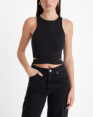 Bodycon High Compression High Neck Cutout Crop Top Black Women's XS