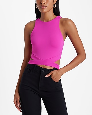 Bodycon High Compression High Neck Cutout Crop Top Pink Women's L