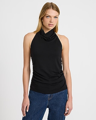 Jersey Halter Cowl Neck Ruched Tank