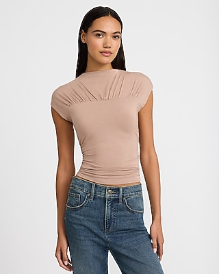 Mock Neck Cap Sleeve Ruched Tee
